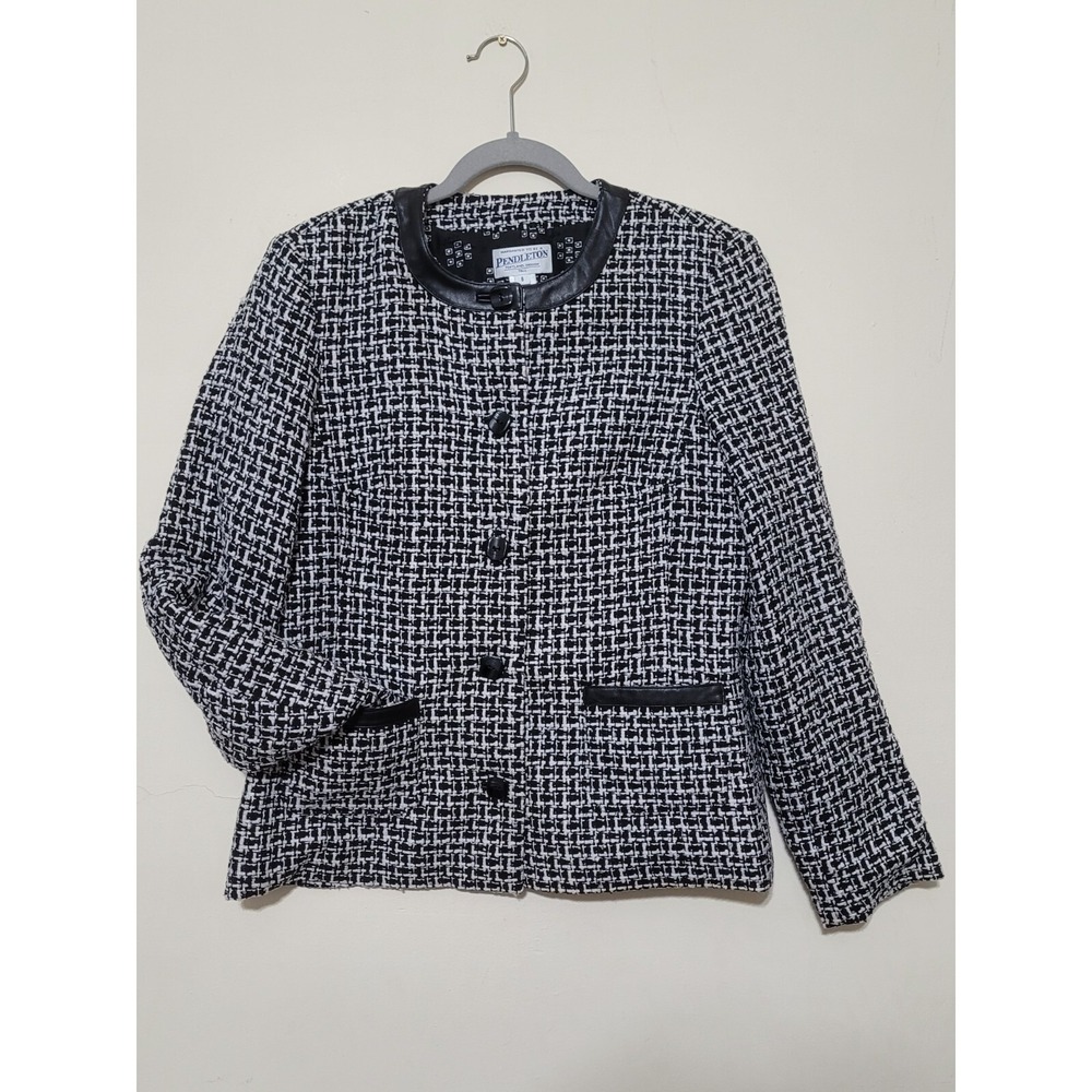 Pendleton Womens Silk Blend Blazer Sz 6 Tall Black White Button Up Leather Trim